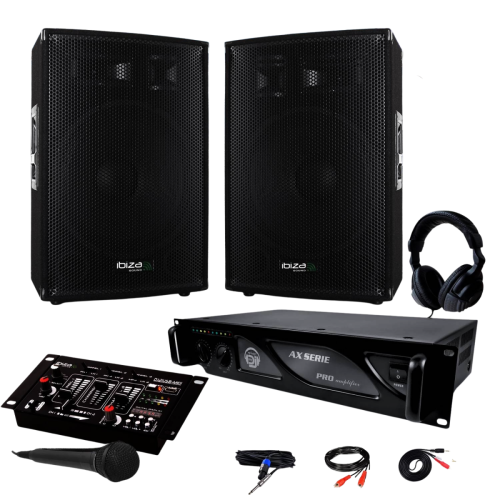 Ibiza Sound - PACK SONO 2400W DJ PA Set BAR CLUB BMS-15 + Ampli AC1000 MyDj + Table de Mixage USB MP3 + Micro Casque Câbles - Packs DJ