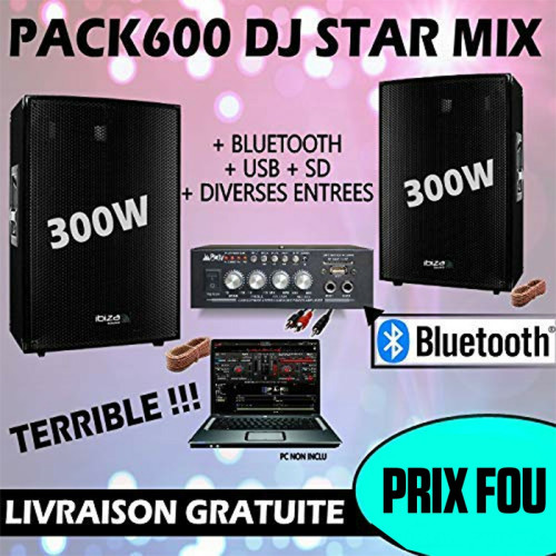 Ibiza Sound - Pack sono 600W total + Ampli PLS1250 + 2 Enceintes 300W PA DJ SONO MIX LED LIGHT soirée Familiale Bar Club Maison Danse - Packs DJ