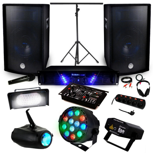 Ibiza Sound - Pack Sono Ampli AMP-300 + HP BMS-12 de 2x600W + Pack 4 lumières Ibiza Sound  - Pack sono dj 300