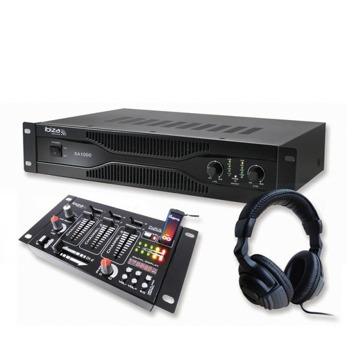 Ibiza Sound - Pack sonorisation amplificateur 700W SA1000 + Table de mixage 4 voies 7 entrées + Casque Ibiza Sound  - Ampli  Ibiza Sound