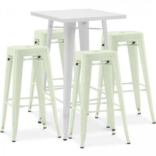 Iconik Interior - Table de bar blanche + X4 tabourets de bar en acier design industriel Set Bistrot Stylix - Nouvelle édition Vert pâle Iconik Interior  - Table bar blanche