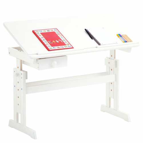 Idimex - Bureau enfant FLEXI, en pin massif, réglable en hauteur et plateau inclinable, lasuré blanc Idimex  - Table en pin blanc