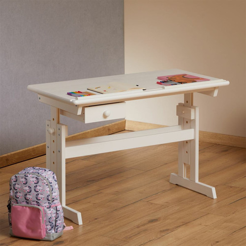 Bureau et table enfant Bureau enfant FLEXI, en pin massif, réglable en hauteur et plateau inclinable, lasuré blanc