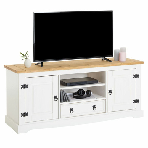 Idimex - Meuble TV TEQUILA, 2 portes et 1 tiroir, en pin massif lasuré blanc et brun Idimex  - Meuble lasure blanc