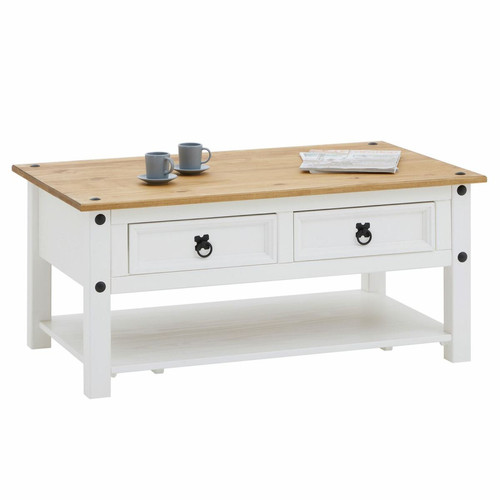 Idimex - Table basse CAMPO avec 2 tiroirs et 1 étagère, en pin massif blanc et brun Idimex  - Table en pin blanc