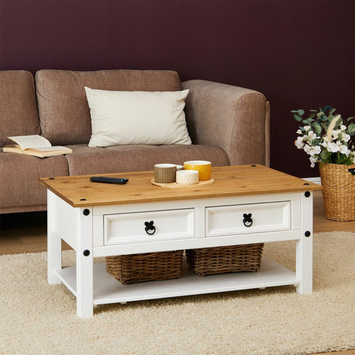 Idimex Table basse CAMPO avec 2 tiroirs et 1 étagère, en pin massif blanc et brun