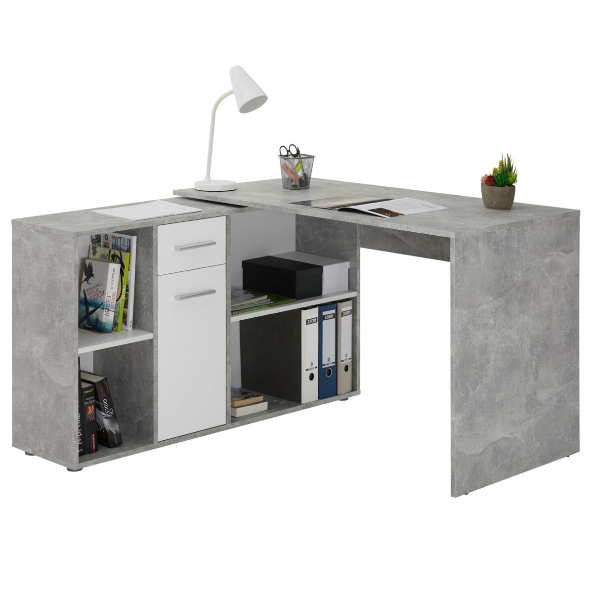Bureaux Idimex Bureau d'angle CARMEN avec meuble de rangement, décor béton et blanc mat