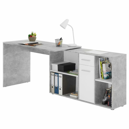 Idimex Bureau d'angle CARMEN avec meuble de rangement, décor béton et blanc mat