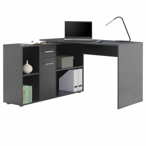 Idimex - Bureau d'angle CARMEN avec meuble de rangement, décor béton foncé - Bureaux