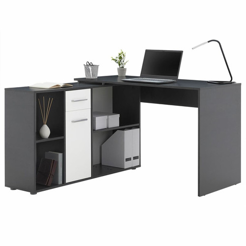 Idimex - Bureau d'angle CARMEN avec meuble de rangement, décor béton foncé et blanc mat Idimex  - Bureaux