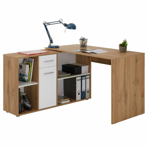 Idimex - Bureau d'angle CARMEN avec meuble de rangement, décor chêne sauvage et blanc mat Idimex  - Idimex