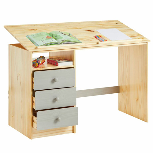 Bureau et table enfant Bureau enfant KEVIN, en pin massif, 3 tiroirs et plateau inclinable, vernis naturel et lasuré gris
