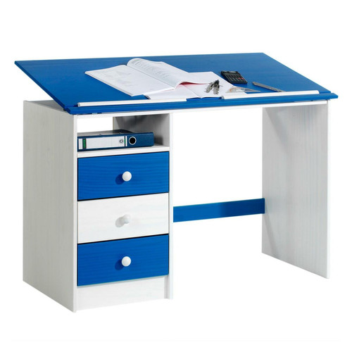 Idimex - Bureau enfant KEVIN, en pin massif, 3 tiroirs et plateau inclinable, lasuré blanc et bleu Idimex  - Bureau pupitre table enfant