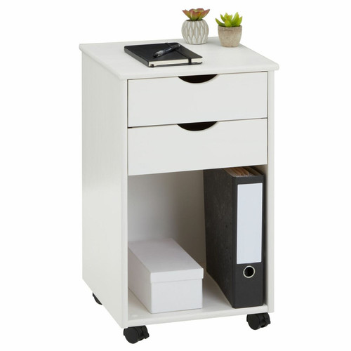 Idimex - Caisson de bureau sur roulettes KANO, avec 2 tiroirs, en pin massif lasuré blanc Idimex  - Meuble lasure blanc