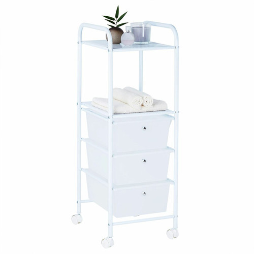 Idimex - Caisson sur roulettes GINA, 3 tiroirs et 2 étagères, en plastique et métal blanc - meuble bas salle de bain Blanc
