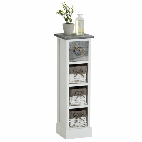 Idimex - Chiffonnier FLOWER avec 1 tiroir et 3 paniers, en bois de paulownia blanc et gris Idimex  - Petit meuble tiroirs