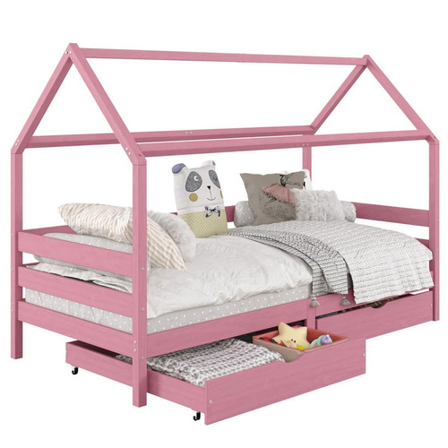 Idimex - Lit cabane CLIA 90 x 190 cm avec tiroirs, en pin massif lasuré rose - Lit enfant avec tiroir Lit enfant