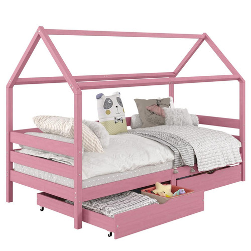Idimex - Lit cabane CLIA 90 x 200 cm avec tiroirs, en pin massif lasuré rose - Lit enfant avec tiroir Lit enfant
