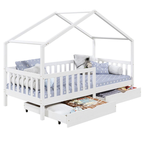 Idimex - Lit cabane ELEA avec tiroirs, 90 x 190 cm en pin massif lasuré blanc - Lit enfant avec tiroir Lit enfant