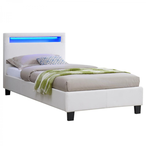Idimex - Lit LED simple LUCENO 90x190 cm, avec sommier, revêtement synthétique blanc - Lit enfant