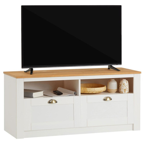 Idimex - Meuble TV BOLTON 2 tiroirs et 2 niches, en pin massif blanc et brun - Meuble TV Blanc Meubles TV, Hi-Fi