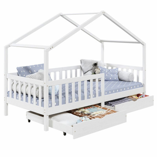 Idimex - Lit cabane ELEA avec tiroirs, 90 x 190 cm en pin massif lasuré blanc Idimex  - Lit enfant avec tiroir Lit enfant