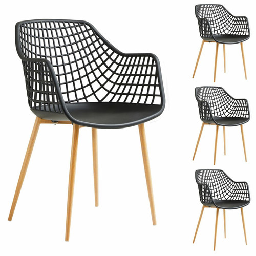 Chaises Idimex Lot de 4 chaises LUCIA, en plastique noir et pieds en métal décor chêne sonoma