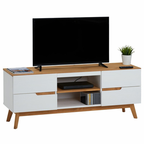 Idimex - Meuble TV TIBOR, 4 tiroirs et 2 niches, lasuré blanc Idimex  - Meuble design scandinave