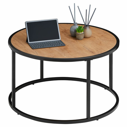 Idimex - Table basse ronde VASTO, en métal noir et décor chêne sauvage - Tables d'appoint Ronde