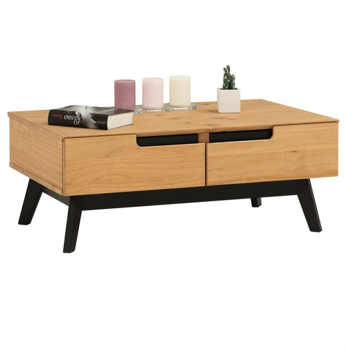 Idimex - Table basse TIBOR, 2 tiroirs et 2 niches, finition bois teinté Idimex  - Table basse rectangulaire bois