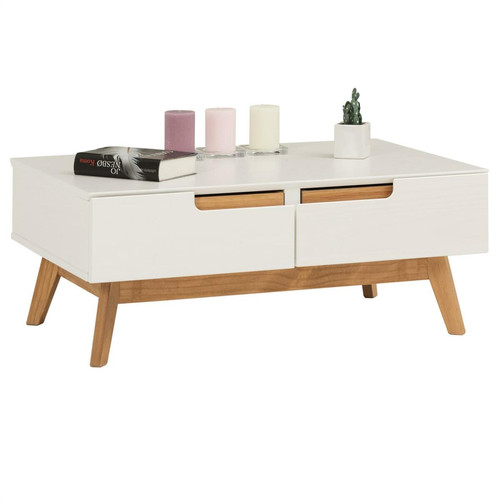Idimex - Table basse TIBOR, 2 tiroirs et 2 niches, lasuré blanc Idimex  - Table scandinave