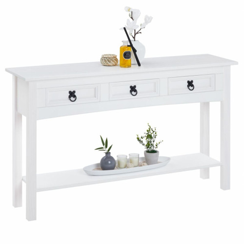 Idimex - Table console RURAL avec 3 tiroirs, style mexicain en pin massif blanc - Meuble rangement 20 cm profondeur