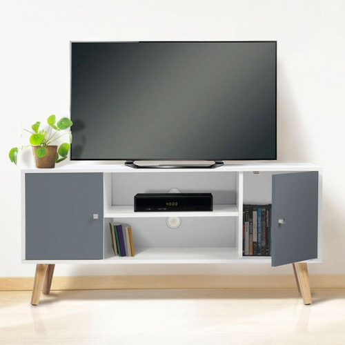 Idmarket - Meuble TV EFFIE scandinave  2 portes bois blanc et gris 113 cm - Meubles TV, Hi-Fi