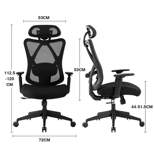 Chaises Fauteuil de bureau ergonomique en maille , chaise de bureau inclinable à haut dossier, appui-tête ajustable,accoudoir 2D reglables, noir