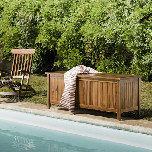 MACABANE - Coffre de jardin piscine HANNA en bois teck huilé 165x55cm MACABANE  - Coffre de jardin