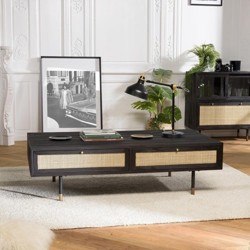 MACABANE - Table Basse Noire 4 Tiroirs Cannage YANIS - Tables basses