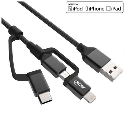 Câble antenne Inline Câble USB InLine® 3 en 1, USB AM vers Micro-USB + USB Type-C + Lightning, noir / aluminium, 1,5 m