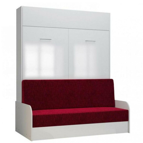 Inside 75 - Armoire lit escamotable DYNAMO SOFA accoudoirs façade blanc brillant canapé rouge 160*200 cm Inside 75  - Lit pour studio gain de place