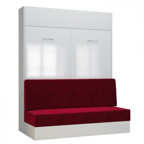 Inside 75 - Armoire lit escamotable DYNAMO SOFA façade blanc brillant canapé rouge 160*200 cm Inside 75  - Lit pour studio gain de place