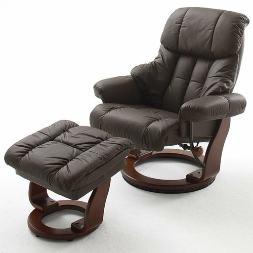 Inside 75 - Fauteuil relax CLAIRAC assise en cuir marron pied en bois noyer avec repose pied Inside 75  - Fauteuil cuir bois