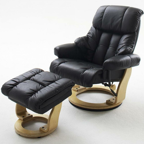 Inside 75 - Fauteuil relax CLAIRAC assise en cuir noir pied en bois naturel avec repose pied Inside 75  - Fauteuil cuir bois