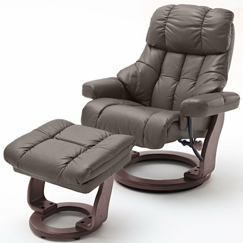 Inside 75 - Fauteuil relax CLAIRAC XL assise en cuir marron pied en bois couleur noyer avec repose pied Inside 75  - Fauteuil cuir bois