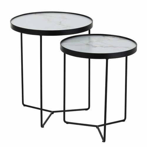 Inside 75 - Set de 2 tables gigognes rondes BAPE en métal noir et MDF marbré blanc. Inside 75  - Table ronde marbre