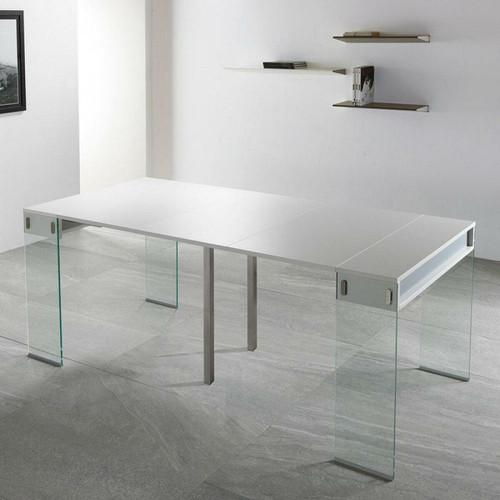 Inside 75 Table console extensible 45 à 225 cm STEF 8 couverts piétement verre clair plateau blanc