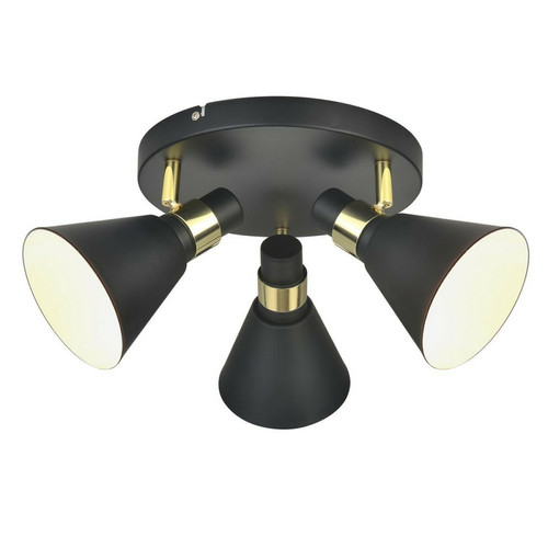 Italux - Plafonnier affleurant industriel et rétro noir mat, or 3 lumières avec noir mat, abat-jour blanc, E14 Italux  - Spots