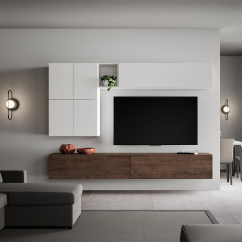 Itamoby - Système de mur TV de salon moderne suspendu en bois blanc A16 Itamoby  - Armoire 2 portes profondeur 40 cm