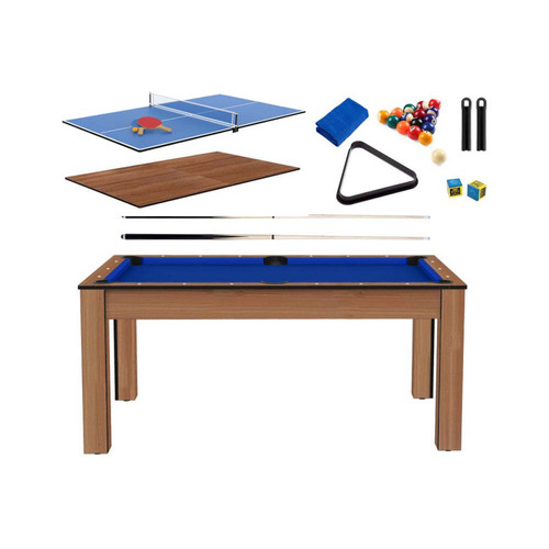 Jardindeco - Billard convertible table 6 personnes Texas + plateau 2 en 1 dinatoire et Ping Pong + pack accessoires Confort hêtre boisé et bleu (tapis) Jardindeco  - Jardindeco