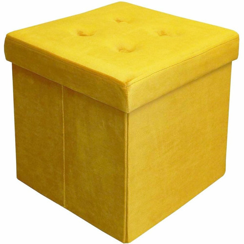 Poufs Jardindeco Pouf coffre carré en velours synthétique capitonné jaune moutarde.