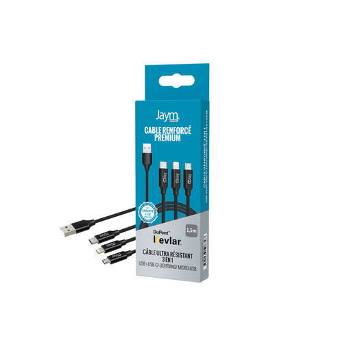 Jaym - Jaym - Cable Premium 1,5 m - USB-A vers 3 Sorties : Lightning, Type-C et Micro USB - Garanti à Vie - Ultra renforcé - Longueur 1,5 mètres Jaym  - Accessoire Smartphone