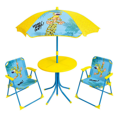 Fun House - MARSUPILAMI Salon de jardin pour enfants comprenant 1 table, 2 chaises pliantes et 1 parasol Fun House  - Table parasol enfant
